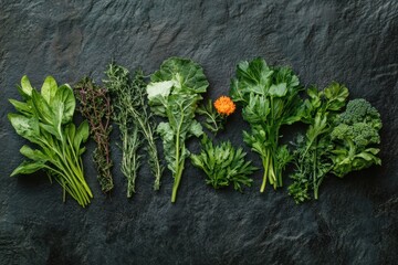 Poster - Premium organic vegetables arranged beautifully on dark slate background showcasing rich textures and high-end aesthetics Generative AI