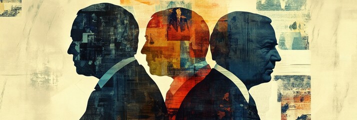Poster - Modern collage of world leaders silhouettes with abstract patterns and deep political colors representing global dynamics and influence Generative AI