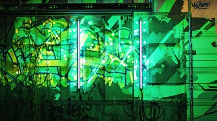 Aufkleber - Glowing neon lights illuminate vibrant graffiti art on a wall at night.