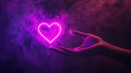 Fototapete - Hand holding a neon heart shape in purple and pink smoke.