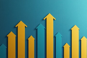 Fototapete - Modern business background featuring layered paper cut bar charts and arrows in gold and blue indicating growth and success Generative AI