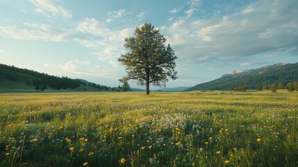 Poster - Lone tree in vibrant wildflower meadow, mountain backdrop.