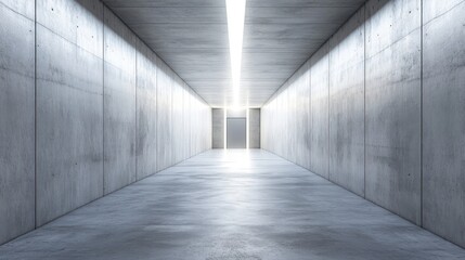 Poster - Long, bright, empty concrete corridor with light at end.