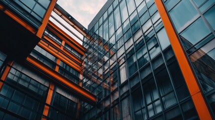 Poster - Low-angle view of modern glass and orange steel building architecture.