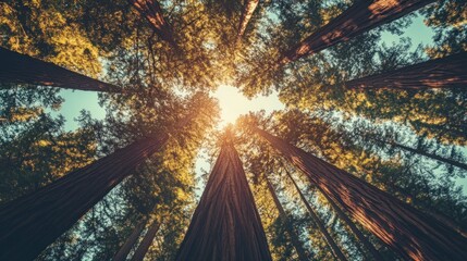 Poster - Low-angle view of tall redwood trees reaching for a bright sun in a forest.