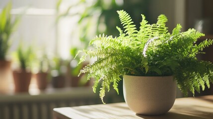 Poster - Lush green fern in a light-grey pot sits on a wooden table, bathed in sunlight. Other plants are blurred in the background.