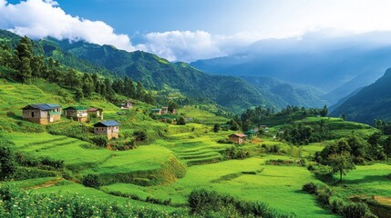 Poster - Lush green terraced rice paddies and small houses nestled in a mountain valley under a bright blue sky.