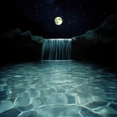 Wall Mural - a reflective pool beneath a glowing waterfall, full moon suspended above, constellations drifting ac