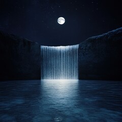 Wall Mural - a reflective pool beneath a glowing waterfall, full moon suspended above, constellations drifting ac