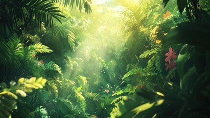 Poster - Lush green tropical rainforest with sunlight streaming through canopy.