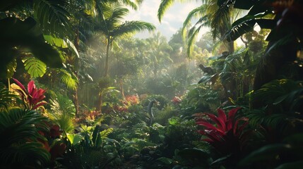 Poster - Lush tropical rainforest scene with vibrant foliage, sunlight filtering through canopy, creating mystical atmosphere.