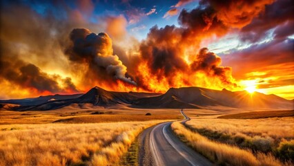 Wall Mural - Serene Road Winding Through Golden Fields Under a Fiery Sunset Sky with Distant Mountain Blaze