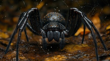 A black spider centered in its intricate web, glistening dew drops adding texture, soft diffused natural light with blurred earthy tones. 