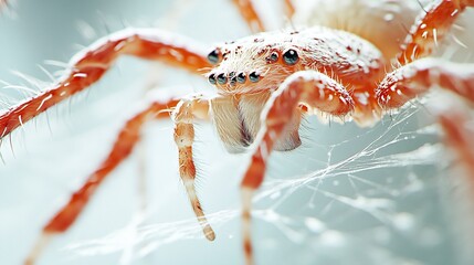 A close-up of a spider with intricate leg details, sharp focus on its textured body and delicate web strands, isolated on a clean white background, studio lighting.  