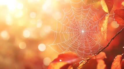 A delicate spider web glistening with dew, intricate patterns highlighted against a softly blurred backdrop of rich autumn tones. 