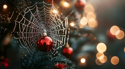 A detailed shot of an intricate spider web delicately draped over a miniature Christmas tree, tiny moisture droplets sparkling like festive ornaments under soft light.  