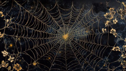 A finely detailed spider web stretched across a black background, illuminated by subtle light, emphasizing its intricate, lace-like patterns. 
