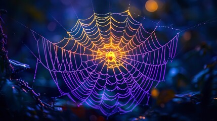 A glowing spider web crafted from neon threads, vibrant purples, yellows, and blues illuminating the intricate design, floating in a dark, ethereal void.  