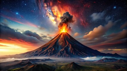 Wall Mural - Majestic Volcano Erupting Under a Starry Night Sky with Dramatic Clouds and a Serene Landscape
