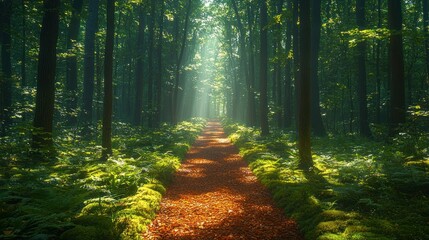  Sunbeams illuminate a path through a misty green forest.
