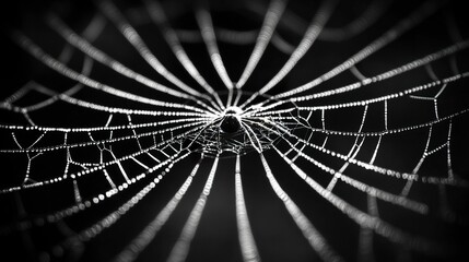 A spider poised in the center of its web, delicate silk threads radiating outward, softly illuminated against a pitch-black background. - 