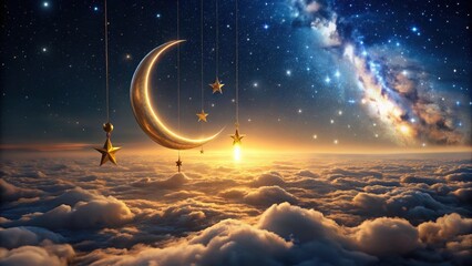 Wall Mural - Golden crescent moon and stars hanging above a sea of clouds at sunrise