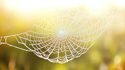 A spider web glistening with dew drops, intricate strands sparkling under soft morning light, blurred natural tones in the background.  