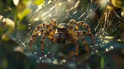 A spider with brown and black markings sitting in the middle of its web, fine silk strands shimmering in the light, softly blurred greenery behind.  