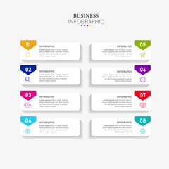 Timeline infographic design template icons with text boxes. Business concept with 8 steps.