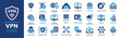© Icons-Studio - VPN icon set. Containing secure connection, cybersecurity, privacy, encrypted, proxy, firewall, online protection and more. Solid vector icons collection.