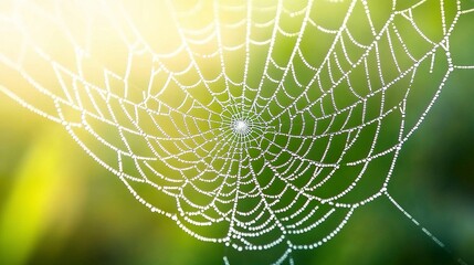 Close-up of dew drops sparkling on a spider web, intricate strands glistening under soft morning light, blurred green background adding depth. 