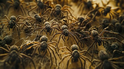 Close-up of spiders scattered across a symmetrical web, sharp detail on their dark exoskeletons, soft light enhancing the web's intricate design. 