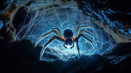 Giant spider surrounded by luminous, intricate webs, its silhouette barely visible in the shadowy depths of a cave, eerie light adding a sense of dread.  