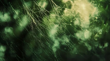 Glistening spider silk stretched in delicate patterns, each strand catching light like fine glass, softly blurred greenery in the background.  
