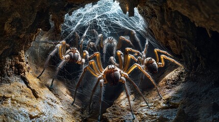 Huge, terrifying spiders resting on an intricate web in the depths of a cave, faint light catching their glossy bodies and creating an ominous atmosphere.  