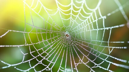 Macro shot of dew-covered spider web, delicate threads shimmering under diffused sunlight, softly blurred forest backdrop enhancing focus.  