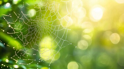 Macro shot of dew-covered spider web, delicate threads shimmering under diffused sunlight, softly blurred forest backdrop enhancing focus.  