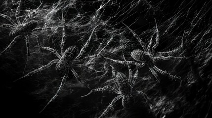 Wall Mural - Multiple spiders on a luminous web, dark bodies sharply defined, intricate patterns illuminated softly, black background for a spooky, cinematic effect. 