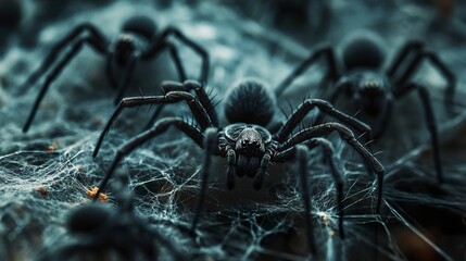 Wall Mural - Multiple spiders resting on a complex web, dark and textured bodies sharply detailed, dramatic lighting casting faint shadows for a Halloween aesthetic.  