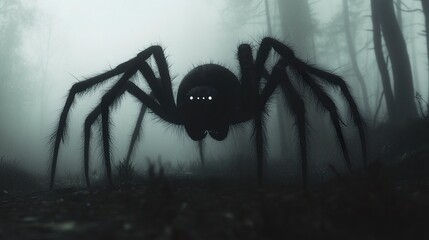 Wall Mural - Ominous spider with jagged legs and gleaming eyes perched in a foggy forest clearing, its silhouette blurred by the thick mist, creating a chilling effect.  