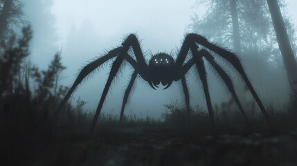 Wall Mural - Ominous spider with jagged legs and gleaming eyes perched in a foggy forest clearing, its silhouette blurred by the thick mist, creating a chilling effect. 