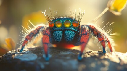 Wall Mural - Peacock spider in sharp focus, its fuzzy legs and colorful body textures highlighted, glowing under natural light with a soft blurred background 