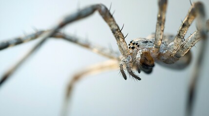 Wall Mural - Side-view close-up of a spider's legs and thorax, isolated on a white background, with natural light creating soft shadows. 