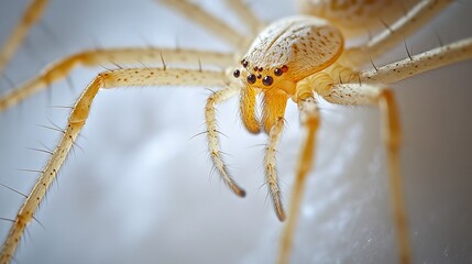 Wall Mural - Side-view close-up of a spider's legs and thorax, isolated on a white background, with natural light creating soft shadows. 