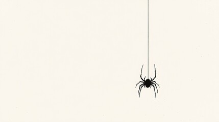 Wall Mural - Simplistic black and white image of a spider suspended on a thin thread, minimal detail on a blank background, capturing a subtle Halloween atmosphere.  