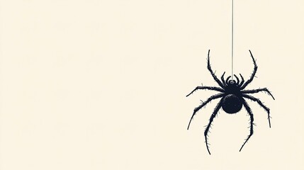 Wall Mural - Simplistic black and white image of a spider suspended on a thin thread, minimal detail on a blank background, capturing a subtle Halloween atmosphere.  