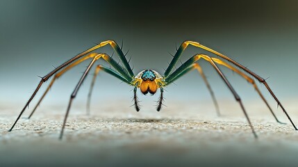 Wall Mural - Spider poised on the floor, legs spread symmetrically, glossy texture captured with crisp lighting, plain neutral background.  