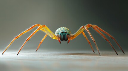 Wall Mural - Spider poised on the floor, legs spread symmetrically, glossy texture captured with crisp lighting, plain neutral background. 