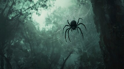 Wall Mural - Spider web stretched wide with a black spider in the center, highlighted by faint sunlight, muted forest background with soft depth.  