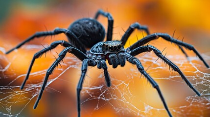 Wall Mural - Spiders On Intricate Web: Close-Up Of Dark Arachnids For Nature Documentaries, Halloween Decor 